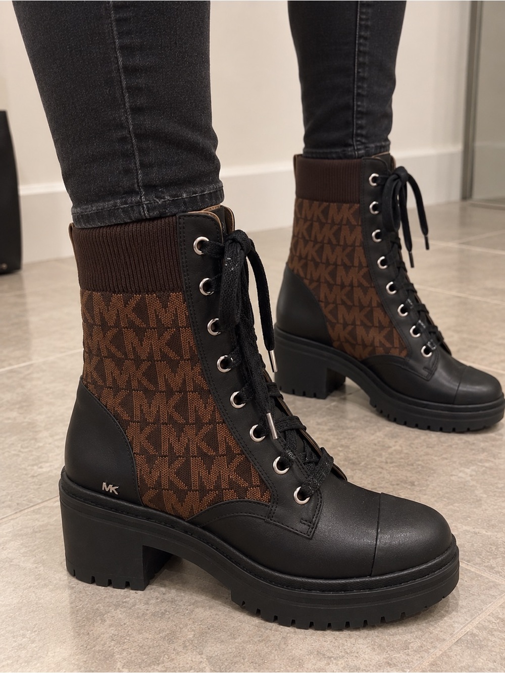 Michael Kors Black & Brown MK Logo Lace-Up Combat Boots Monogram